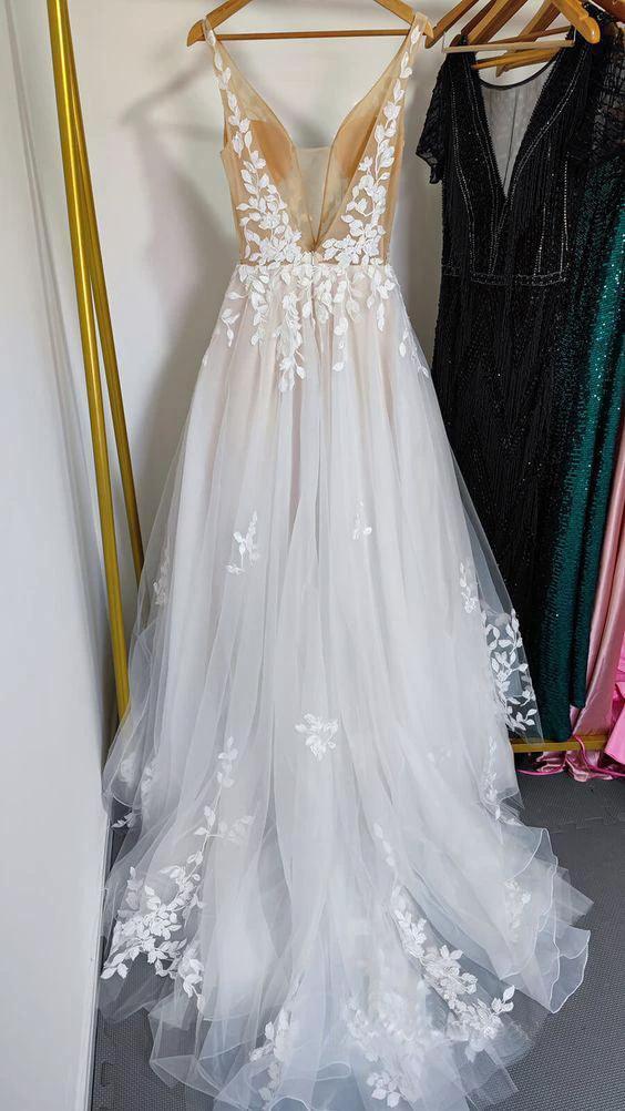 Deep V Neck Lace Wedding Dresses Romantic Bridal Gown With Train WD593 by pgmdress