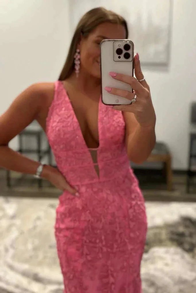 Kallie |Hot Pink Mermaid Plunge V Neck Lace Prom Dress by KissProm