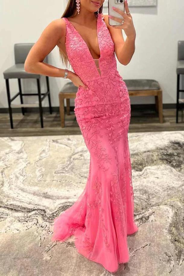 Kallie |Hot Pink Mermaid Plunge V Neck Lace Prom Dress by KissProm