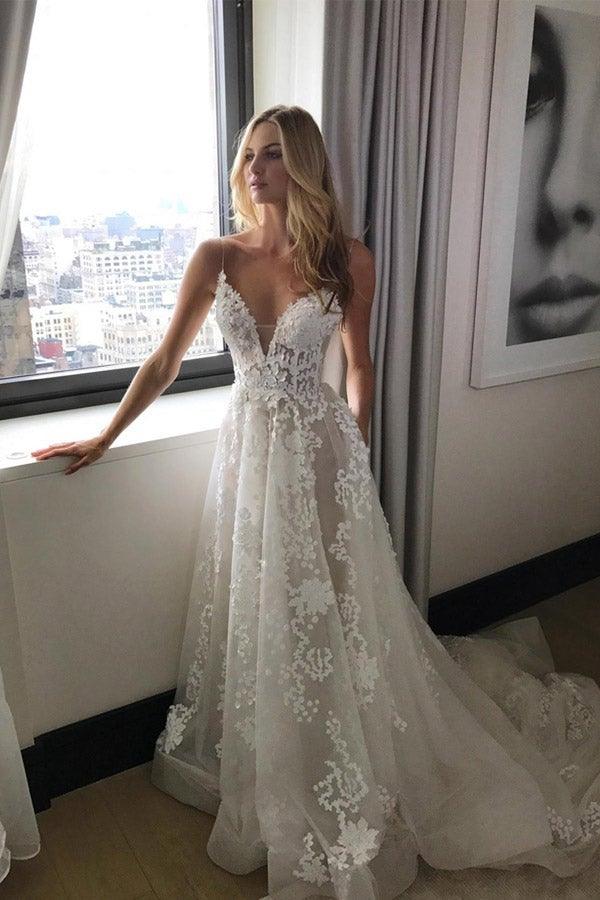 Deep V Neck Spaghetti Straps Beach Wedding Dress Bridal Gown  WD556 Hover Image