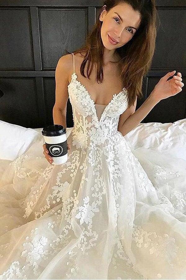 Deep V Neck Spaghetti Straps Beach Wedding Dress Bridal Gown WD556 by pgmdress