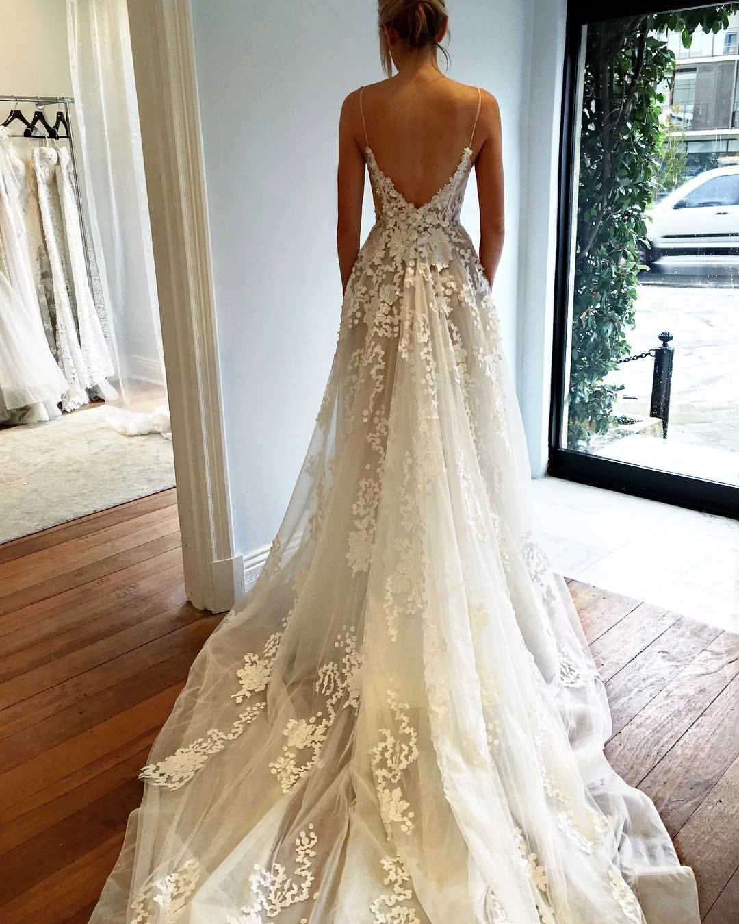 Deep V Neck Spaghetti Straps Beach Wedding Dress Bridal Gown WD556 by pgmdress
