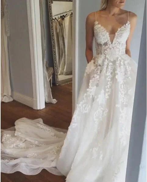 Deep V Neck Spaghetti Straps Beach Wedding Dress Bridal Gown WD556 by pgmdress
