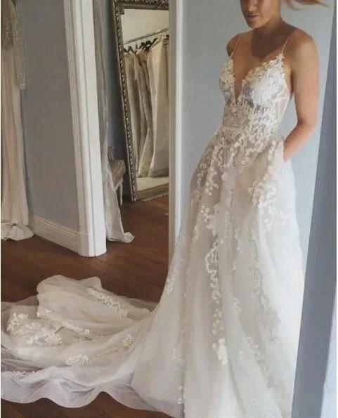 Deep V Neck Spaghetti Straps Beach Wedding Dress Bridal Gown WD556 by pgmdress