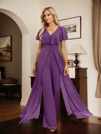 Jumpsuit/Pantsuit V-Neck Floor-Length Chiffon Evening Dress