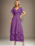 A-line V-Neck Ankle-Length Lace Chiffon Mother of the Bride Dress With Cascading Ruffles by Dreamylily