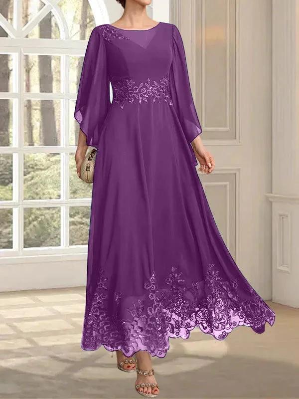A-line Scoop Illusion Ankle-Length Lace Chiffon Mother of the Bride Dress With Sequins by Dreamylily