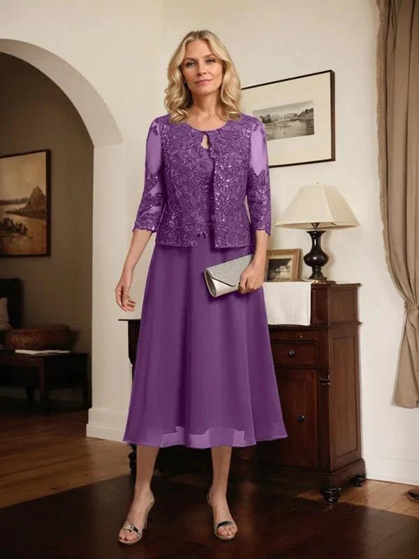 A-line Scoop Tea-Length Lace Chiffon Mother of the Bride Dress With Sequins by Dreamylily