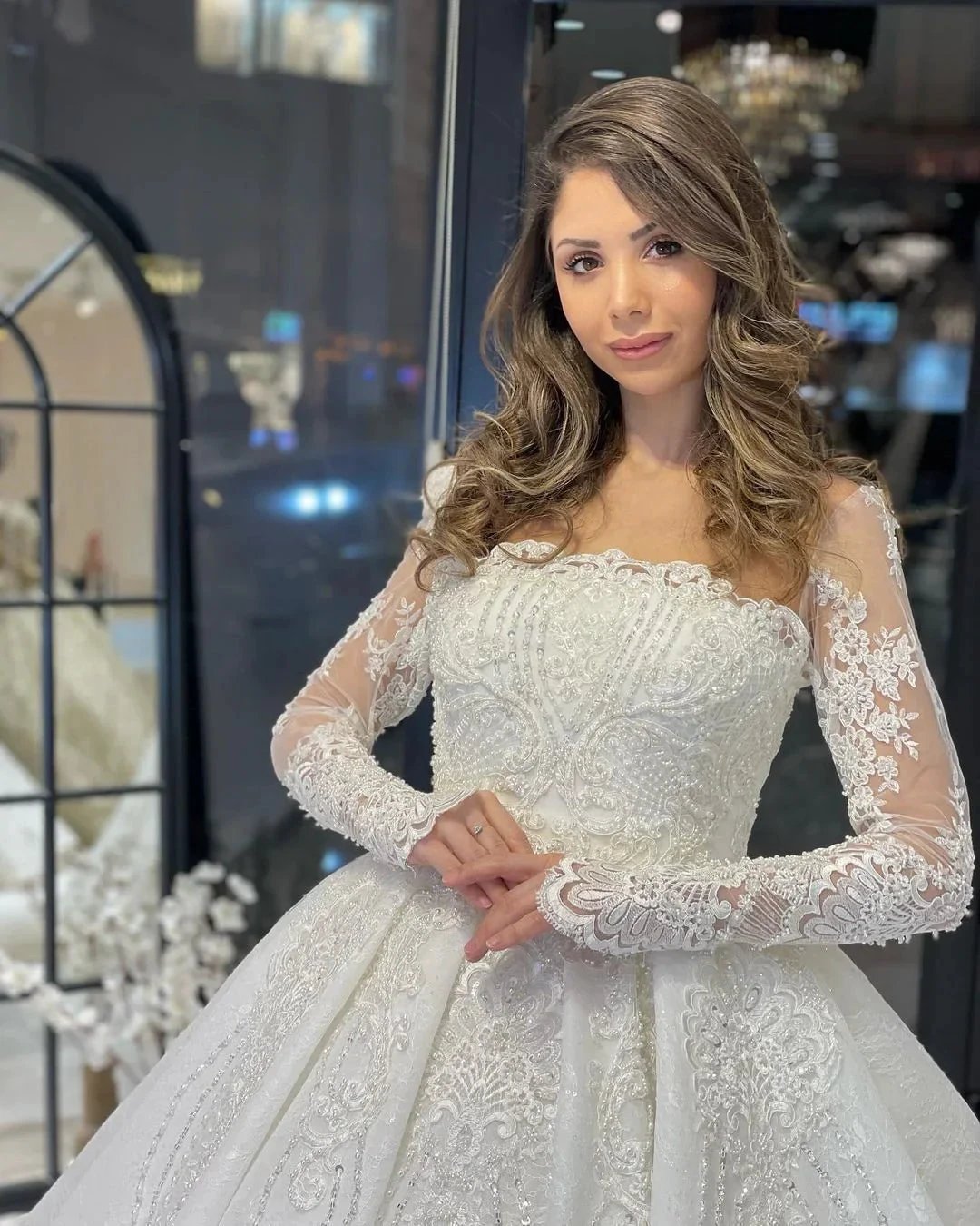 Deluxe Floor Length Long Sleeves A-Line Lace Wedding Dress with Ruffles by misshow.com