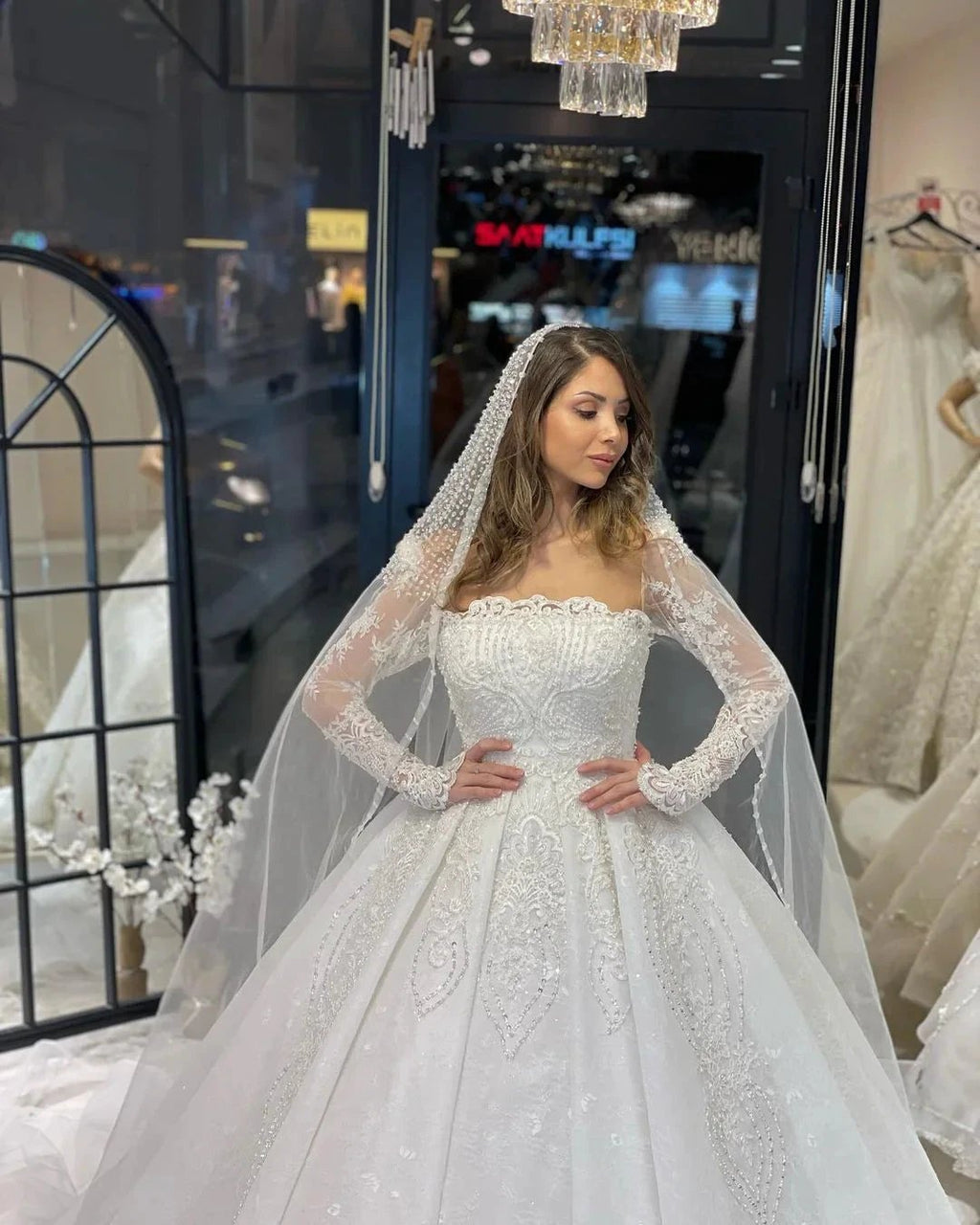 Deluxe Floor Length Long Sleeves A-Line Lace Wedding Dress with Ruffles by misshow.com