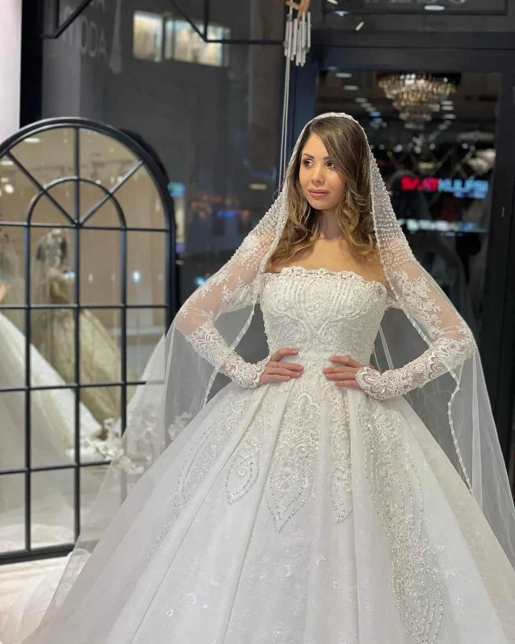 Deluxe Floor Length Long Sleeves A-Line Lace Wedding Dress with Ruffles by misshow.com