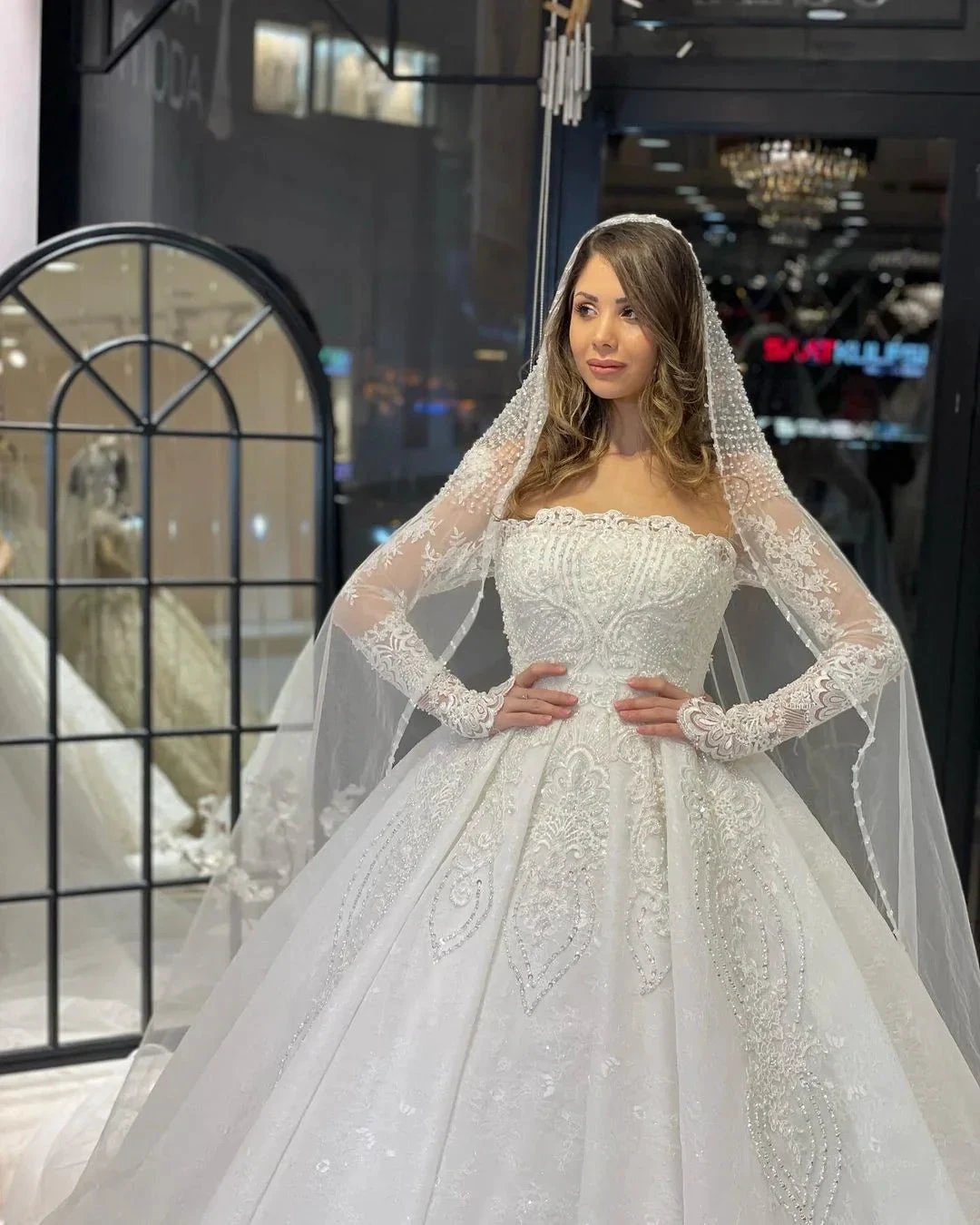 Deluxe Floor Length Long Sleeves A-Line Lace Wedding Dress with Ruffles by misshow.com