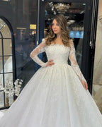 Deluxe Floor Length Long Sleeves A-Line Lace Wedding Dress with Ruffles by misshow.com
