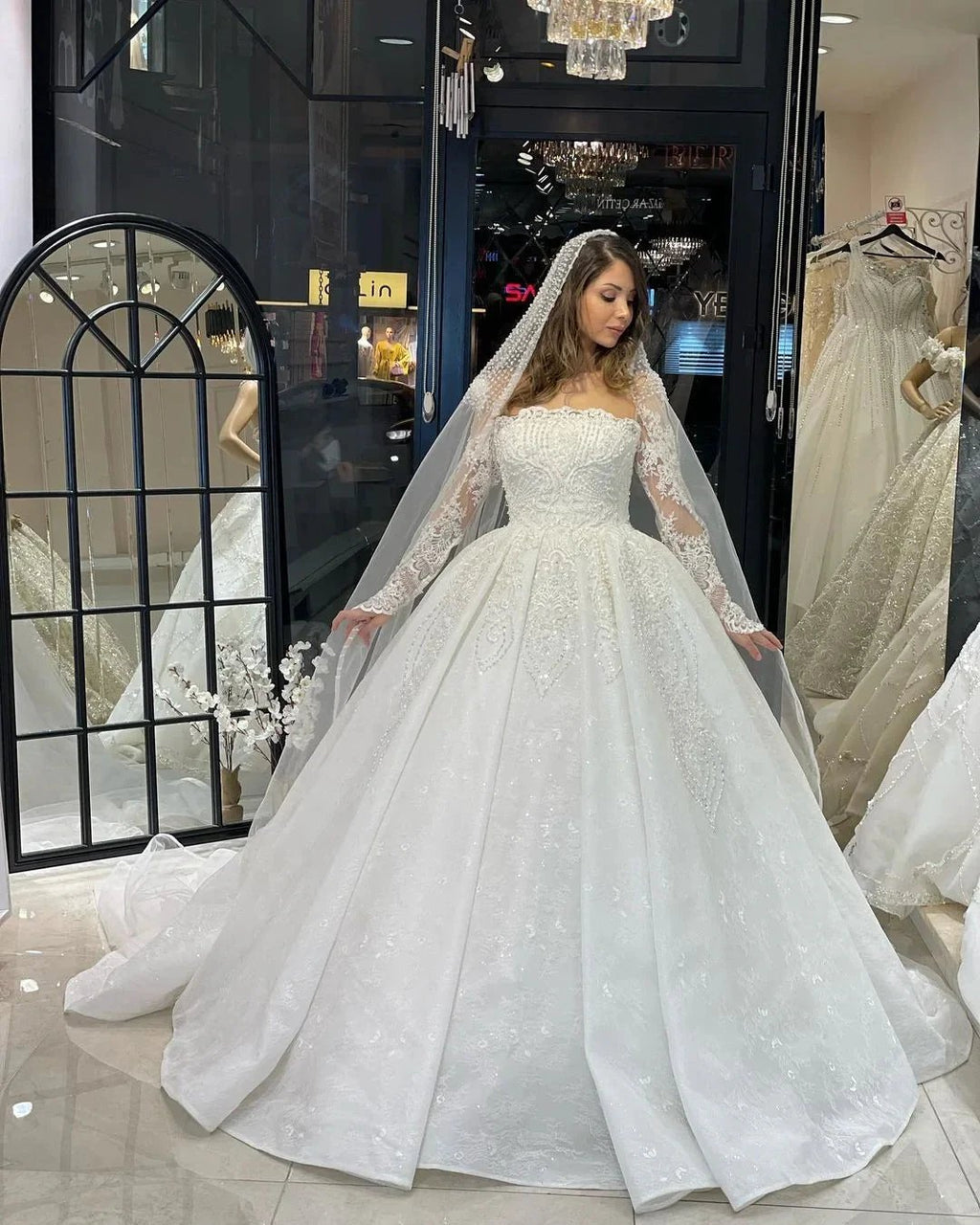 Deluxe Floor Length Long Sleeves A-Line Lace Wedding Dress with Ruffles by misshow.com