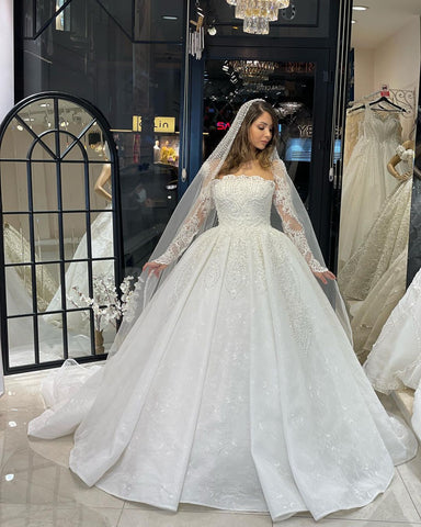 Deluxe Floor Length Long Sleeves A-Line Lace Wedding Dress with Ruffles