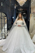 Deluxe Floor Length Long Sleeves A-Line Lace Wedding Dress with Ruffles by misshow.com