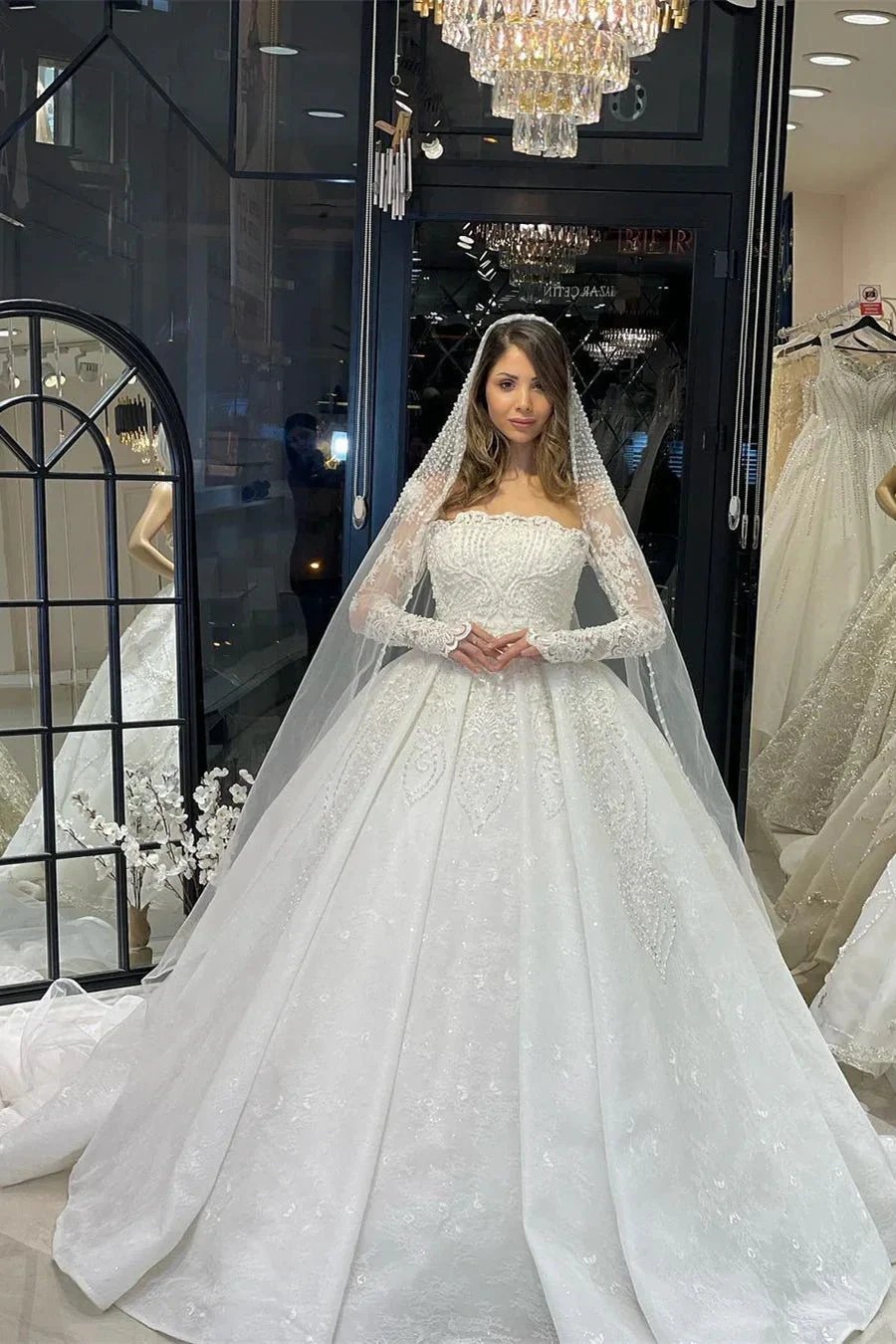 Deluxe Floor Length Long Sleeves A-Line Lace Wedding Dress with Ruffles by misshow.com