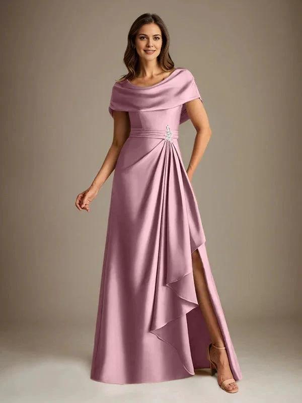 A-Line Scoop Floor-Length Stretch Satin Mother of the Bride Dress With Cascading Ruffles by Dreamylily