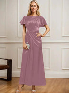 A-line Scoop Ankle-Length Stretch Satin Mother of the Bride Dress With Pleated Beading by Dreamylily