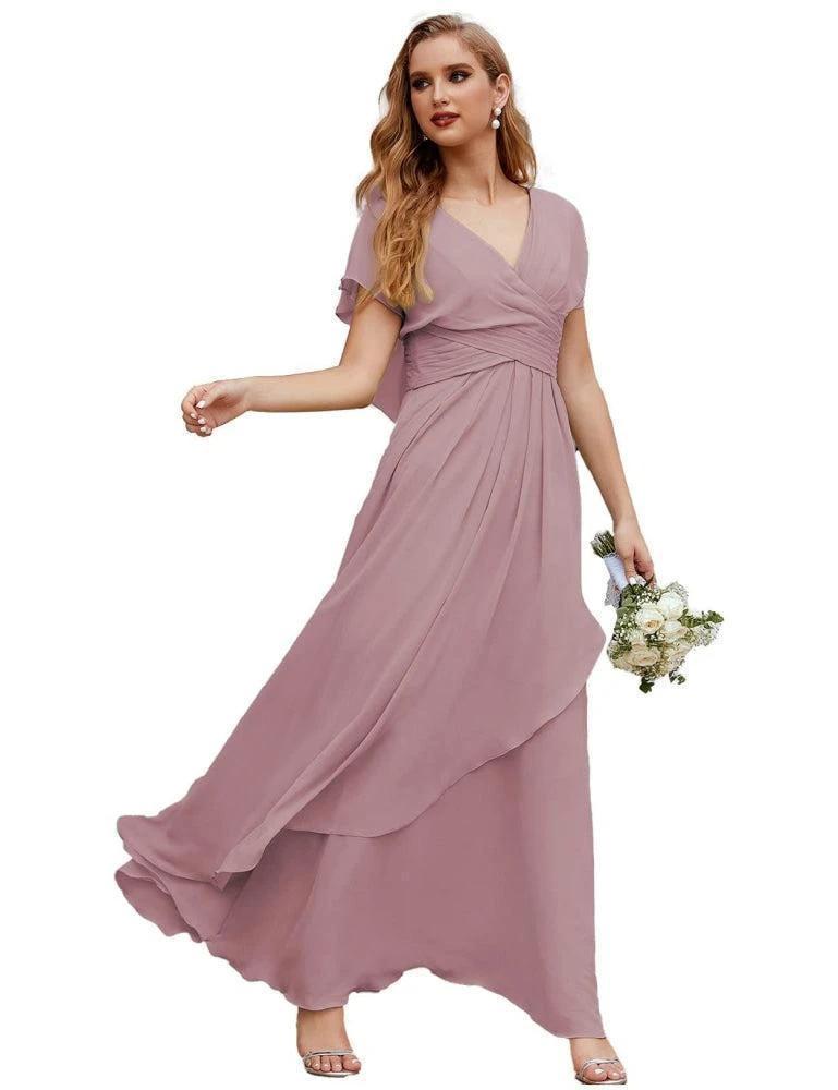 Numbersea Chiffon Bridesmaid Dresses Long Formal Evening Prom Mother of The Bride Dress with Flutter Sleeve     SEA28040