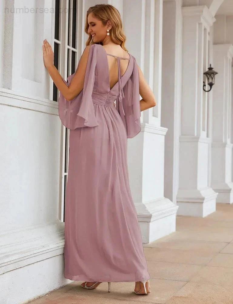 Numbersea Chiffon Bridesmaid Dresses with Split for Women Wedding Long Party Prom Gown Flutter Sleeve SEA28045 by numbersea