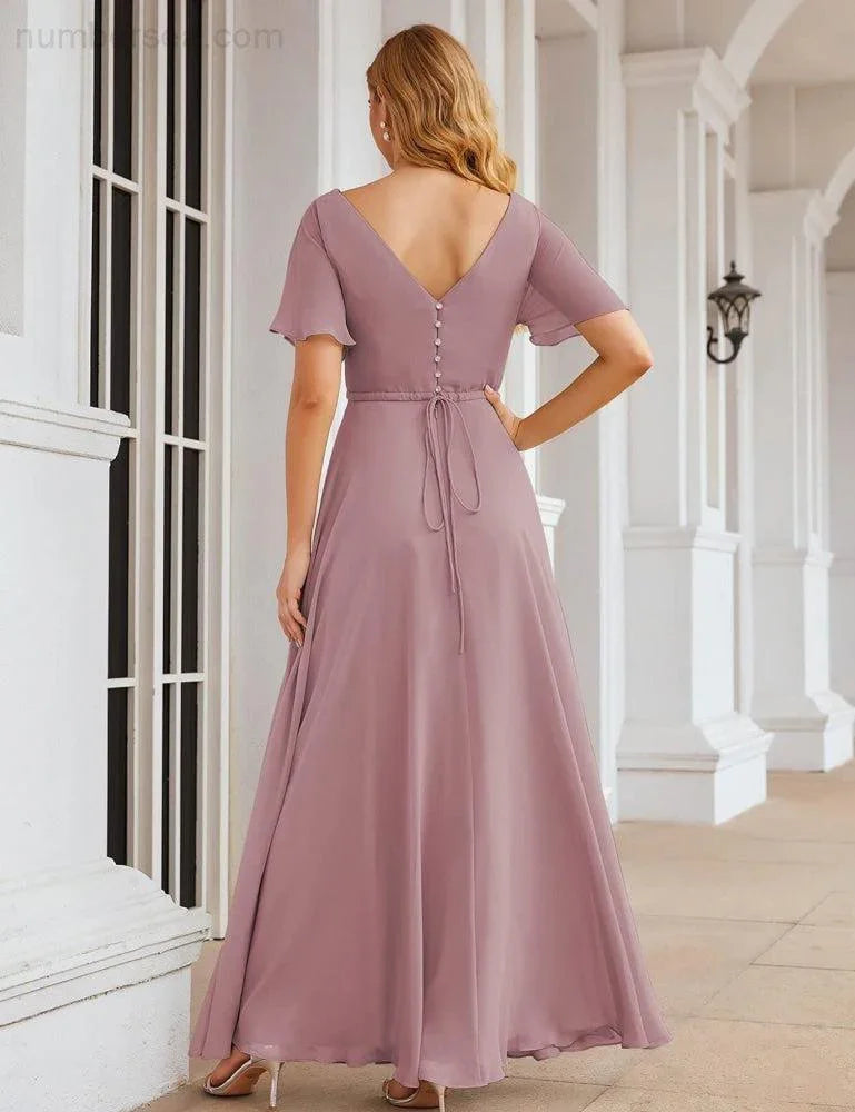 Numbersea Wrap V-Neck Chiffon Bridesmaid Dresses Long Formal Maxi Evening Gown for Wedding Guests  SEA28049