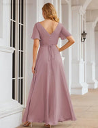 Numbersea Wrap V-Neck Chiffon Bridesmaid Dresses Long Formal Maxi Evening Gown for Wedding Guests  SEA28049