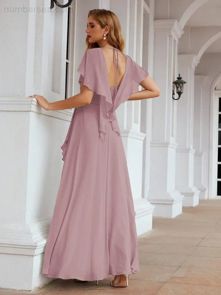 Numbersea Chiffon Bridesmaid Dresses Long Formal Evening Prom Mother of The Bride Dress with Flutter Sleeve     SEA28040