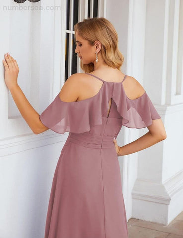 Numbersea Chiffon Cold Shoulder Long Bridesmaid Dresses Plus Size Formal Prom Gowns for Women Party Wedding  SEA28070