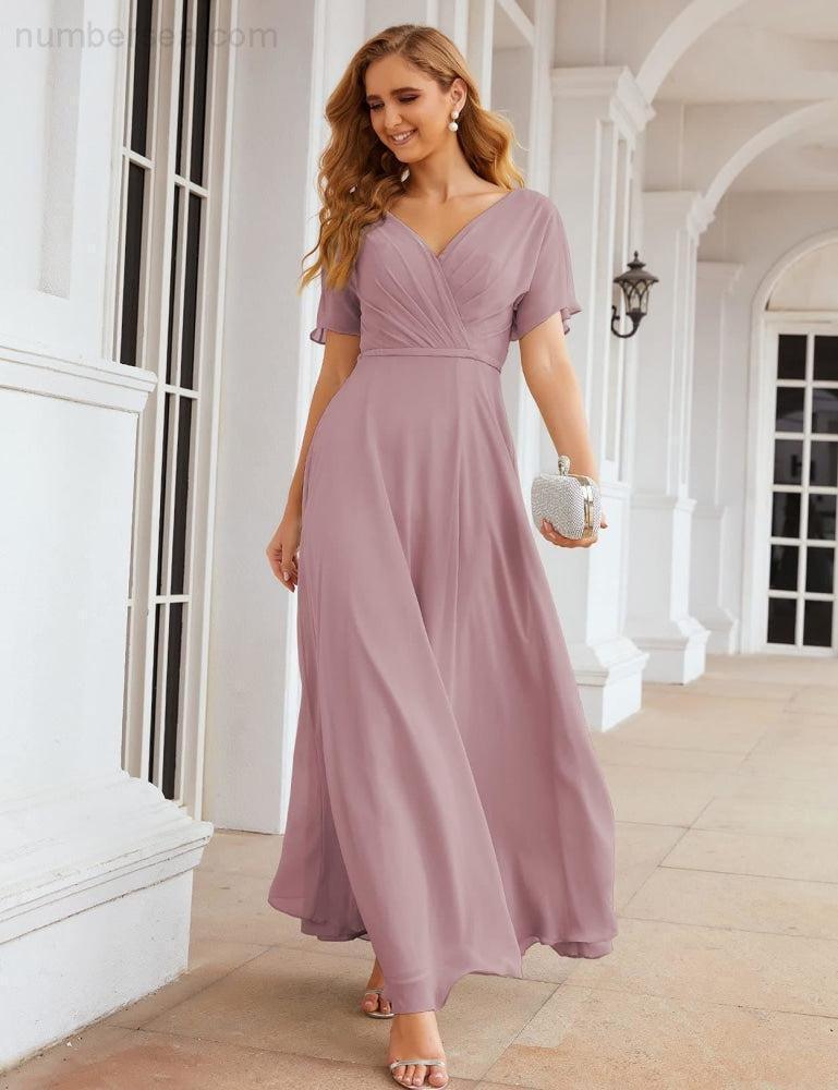 Numbersea Wrap V-Neck Chiffon Bridesmaid Dresses Long Formal Maxi Evening Gown for Wedding Guests  SEA28049
