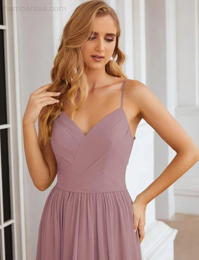 Numbersea Spaghetti-Träger Brautjungfernkleider Lange formelle Party- und Ballkleider 28060 