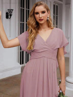 Numbersea Chiffon Bridesmaid Dresses Long Formal Evening Prom Mother of The Bride Dress with Flutter Sleeve     SEA28040