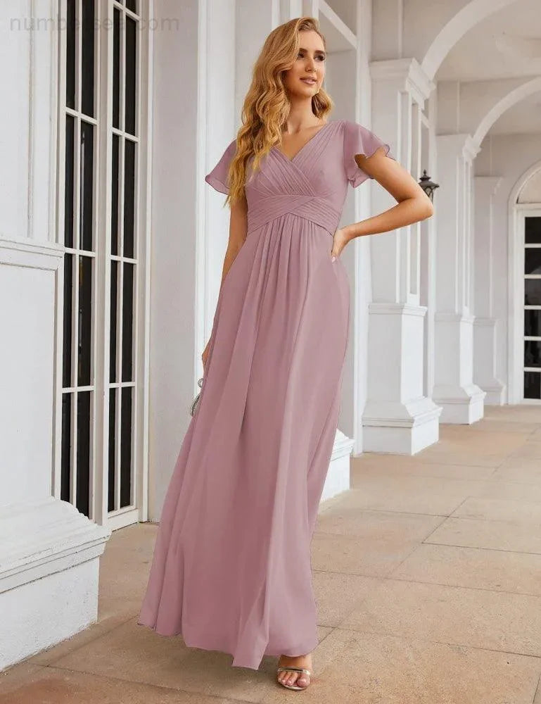 Numbersea Chiffon-Brautjungfernkleid mit kurzen Ärmeln, Maxikleid, Abendkleid, Partykleid, Hochzeitskleid, Mutter-der-Braut-Kleid für Damen SEA28047 