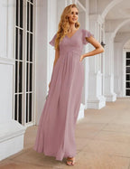 Numbersea Chiffon-Brautjungfernkleid mit kurzen Ärmeln, Maxikleid, Abendkleid, Partykleid, Hochzeitskleid, Mutter-der-Braut-Kleid für Damen SEA28047 