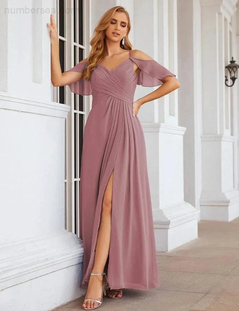 Numbersea Chiffon Cold Shoulder Long Bridesmaid Dresses Plus Size Formal Prom Gowns for Women Party Wedding SEA28070 by numbersea