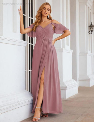 Numbersea Chiffon Cold Shoulder Long Bridesmaid Dresses Plus Size Formal Prom Gowns for Women Party Wedding  SEA28070