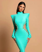 Designer Column High Neck Long Sleeve Beading Satin Prom Dress by misshow.com