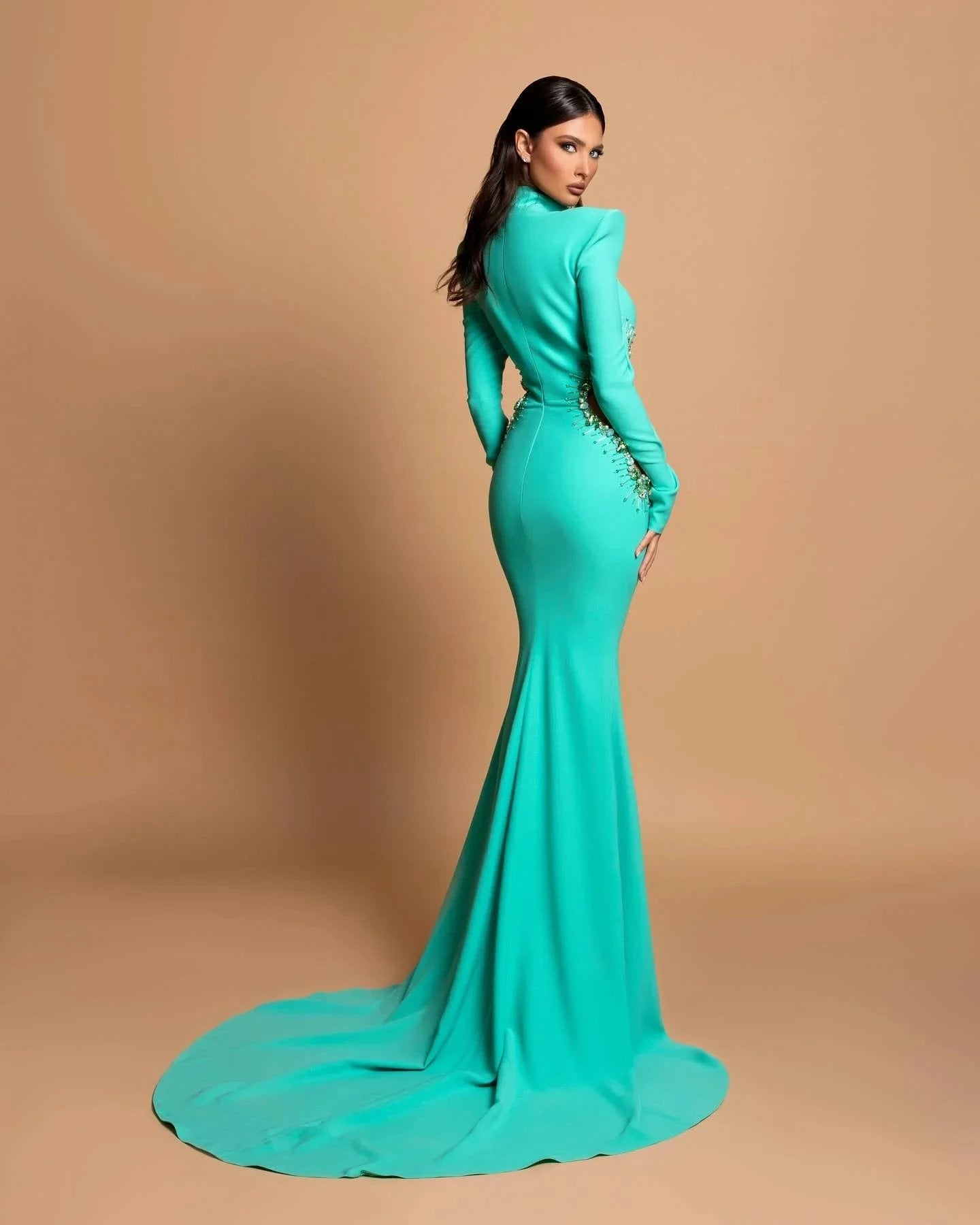 Designer Column High Neck Long Sleeve Beading Satin Prom Dress by misshow.com