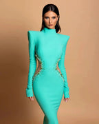 Designer Column High Neck Long Sleeve Beading Satin Prom Dress by misshow.com