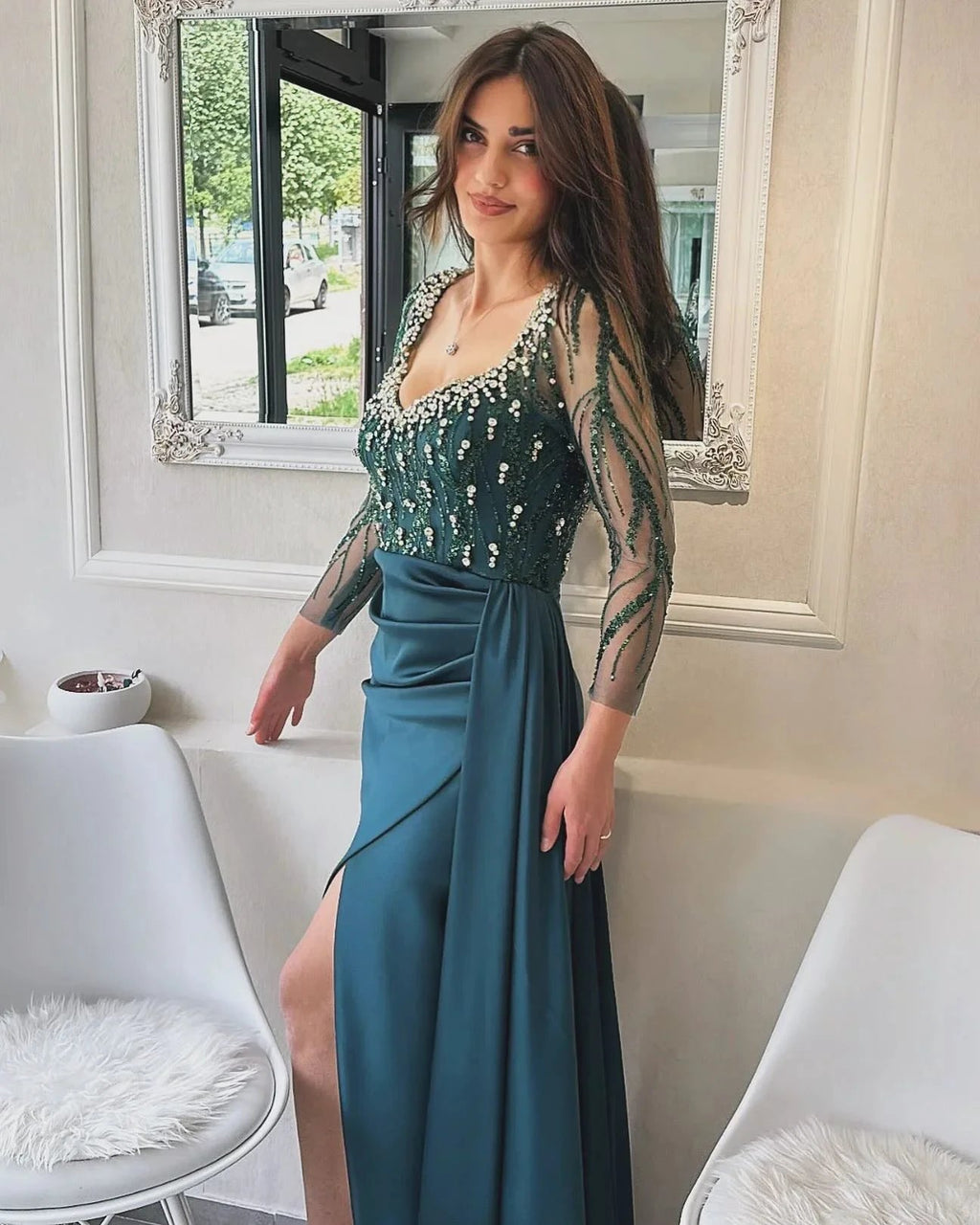 Designer Column Scoop Long Sleeve Rhinestone Satin Tulle Split Prom Dresses by misshow.com