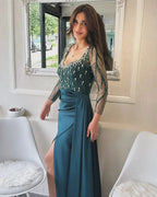 Designer Column Scoop Long Sleeve Rhinestone Satin Tulle Split Prom Dresses by misshow.com
