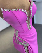 Designer Column Strapless Sleeveless Rhinestone Tulle Satin Split Front Prom Dresses by misshow.com