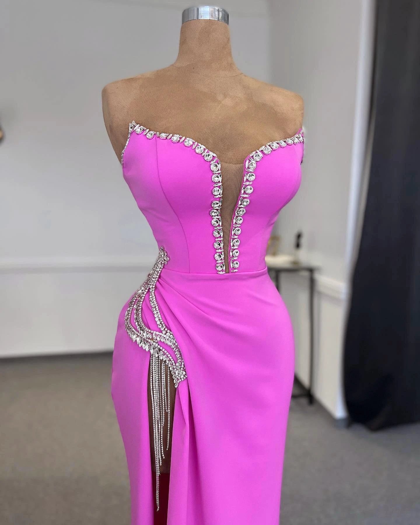 Designer Column Strapless Sleeveless Rhinestone Tulle Satin Split Front Prom Dresses by misshow.com