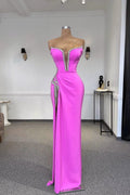 Designer Column Strapless Sleeveless Rhinestone Tulle Satin Split Front Prom Dresses by misshow.com