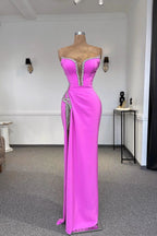 Designer Column Strapless Sleeveless Rhinestone Tulle Satin Split Front Prom Dresses by misshow.com