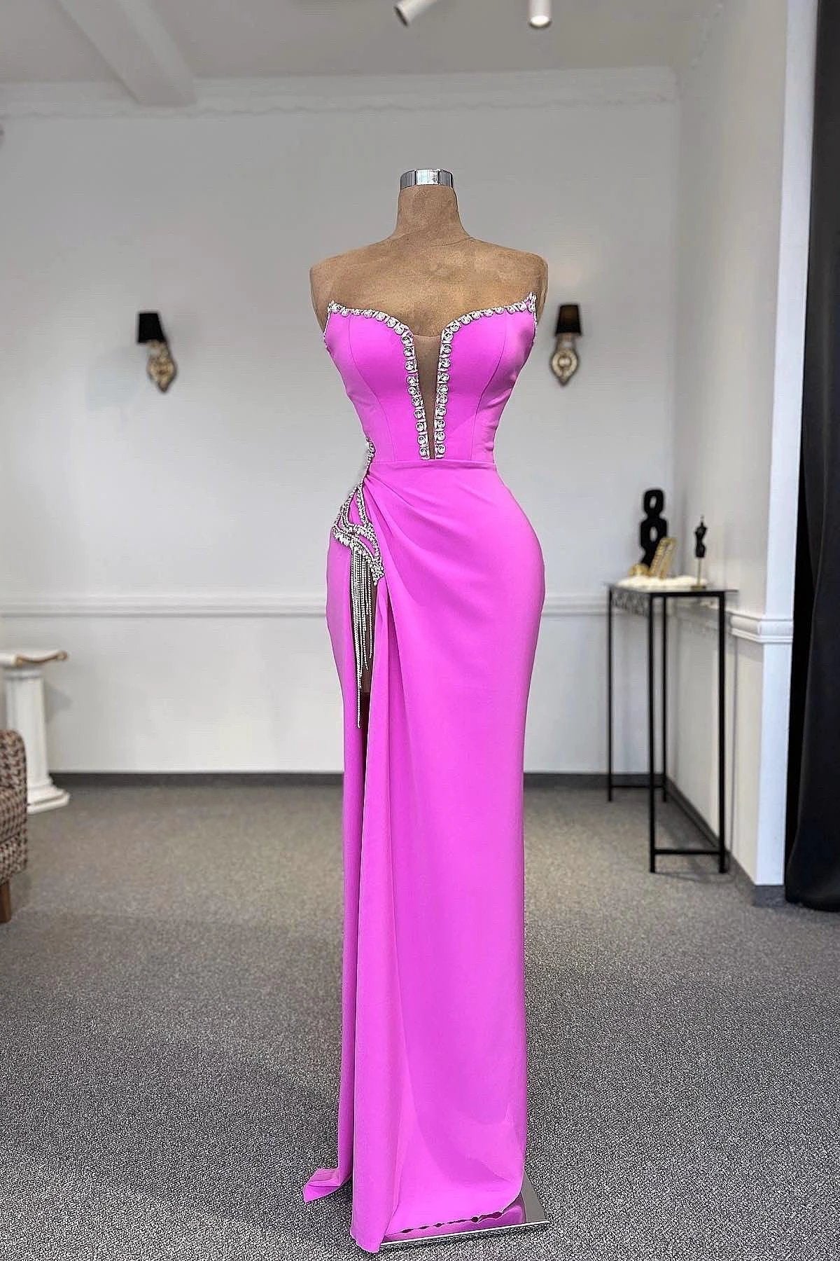 Designer Column Strapless Sleeveless Rhinestone Tulle Satin Split Front Prom Dresses by misshow.com