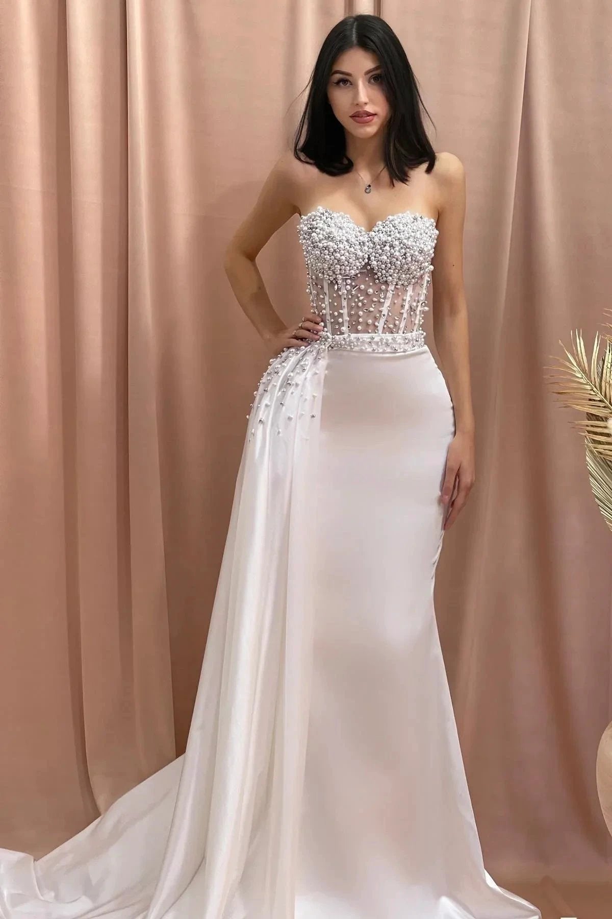 Designer Column Sweetheart Sleeveless Beading Tulle Satin Wedding Dress by misshow.com
