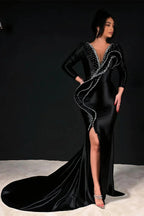 Designer Column V-Neck Long Sleeve Rhinestone Satin Black Prom Dresses by misshow.com