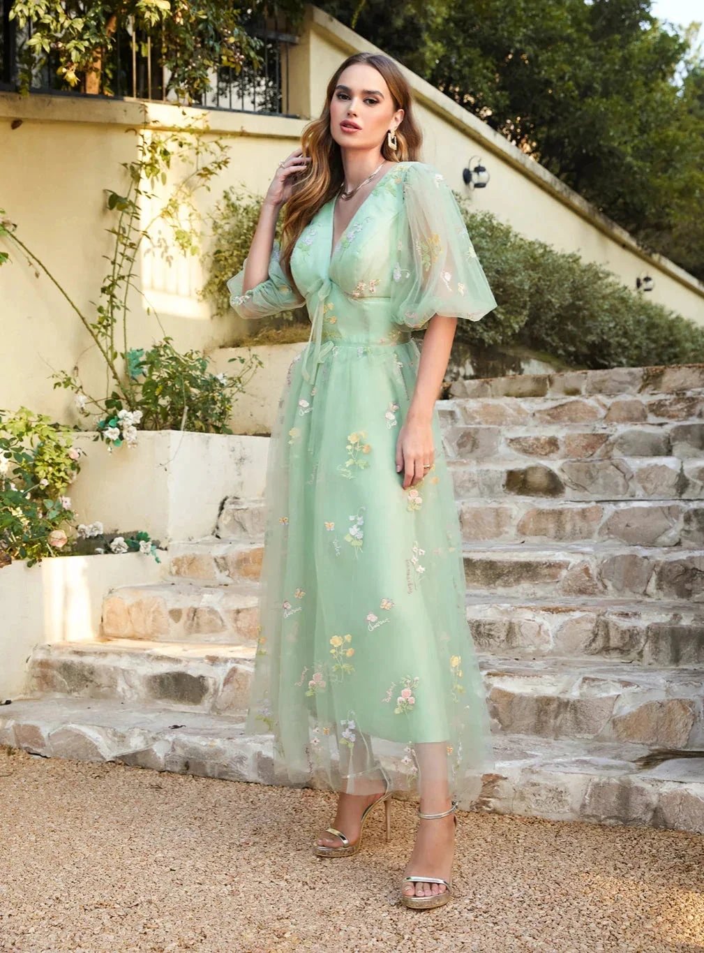 Designer Flowers V-neck A-line Prom Dresses With Sleeves Ankle Length Dress by misshow.com