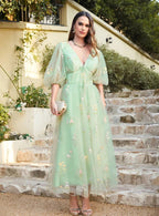 Designer Flowers V-neck A-line Prom Dresses With Sleeves Ankle Length Dress by misshow.com